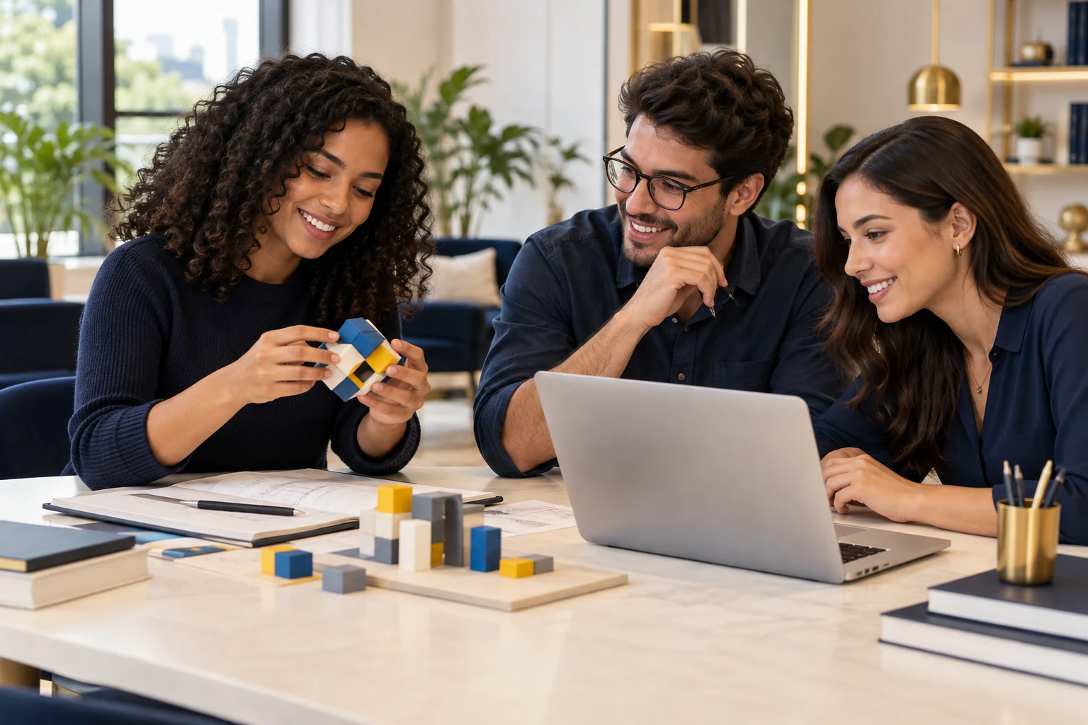 Profissionais analisando livros e materiais de um projeto acadêmico
